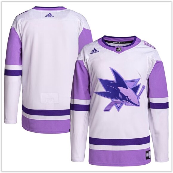 NWT SEALED RARE Adidas San Jose Sharks HOCKEY FIGHTS CANCER Purple jersey 56 2XL - Picture 1 of 6